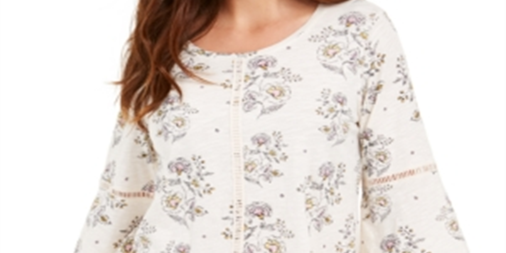Style & Co Women's Printed Lantern Sleeve Top White Size Small