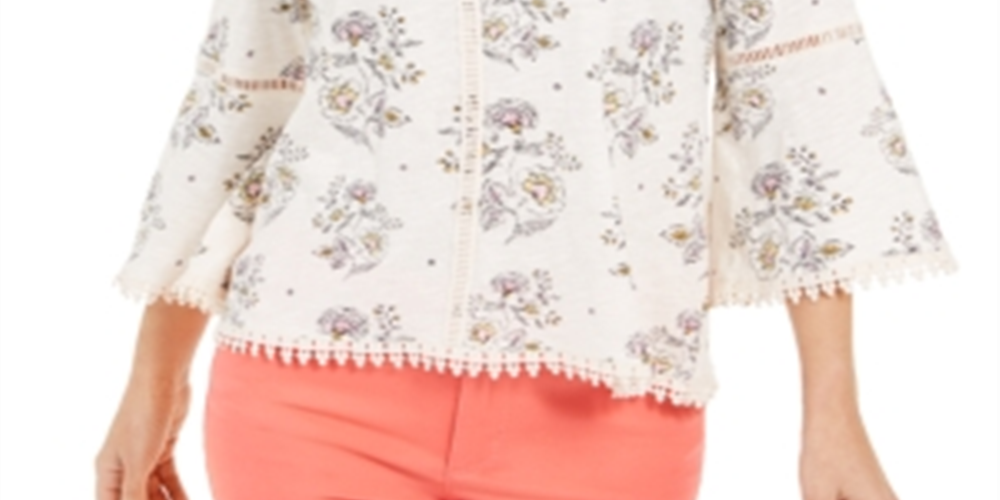 Style & Co Women's Printed Lantern Sleeve Top White Size Small