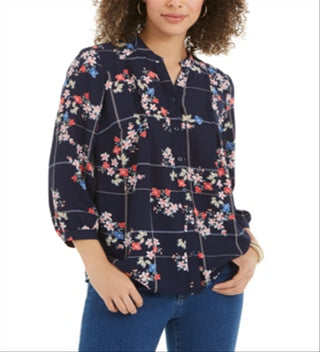 Charter Club Women's Sophia Printed Pintuck Blouse Blue Size Large
