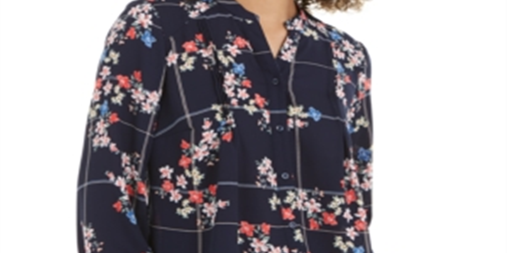 Charter Club Women's Sophia Printed Pintuck Blouse Blue Size Large