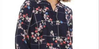 Charter Club Women's Sophia Printed Pintuck Blouse Blue Size Large