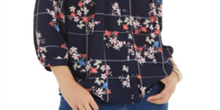 Charter Club Women's Sophia Printed Pintuck Blouse Blue Size Large