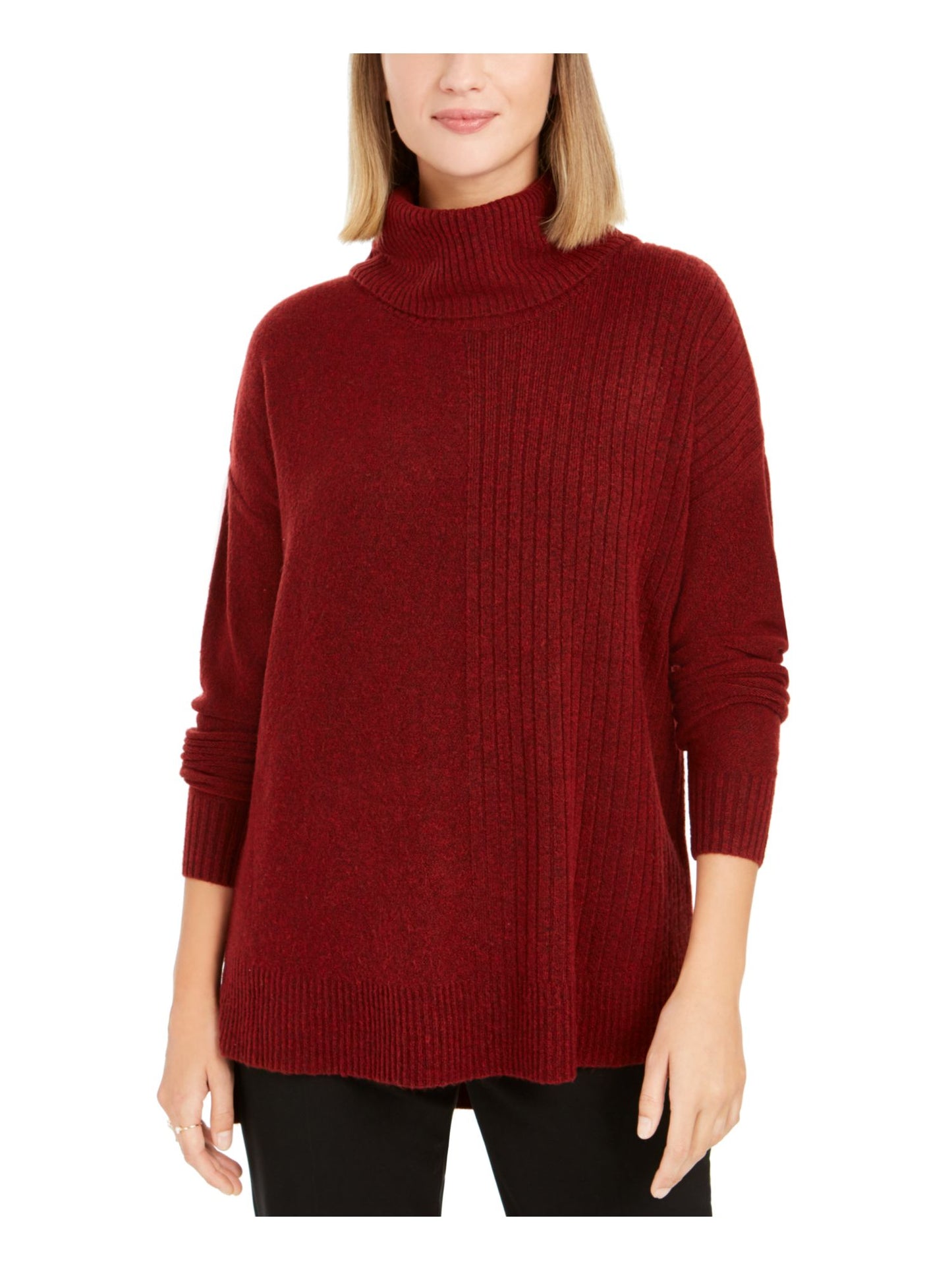 Style & Co Women's Textured Ribbed Long Sleeve Turtle Neck Sweater Red Size Petite Small