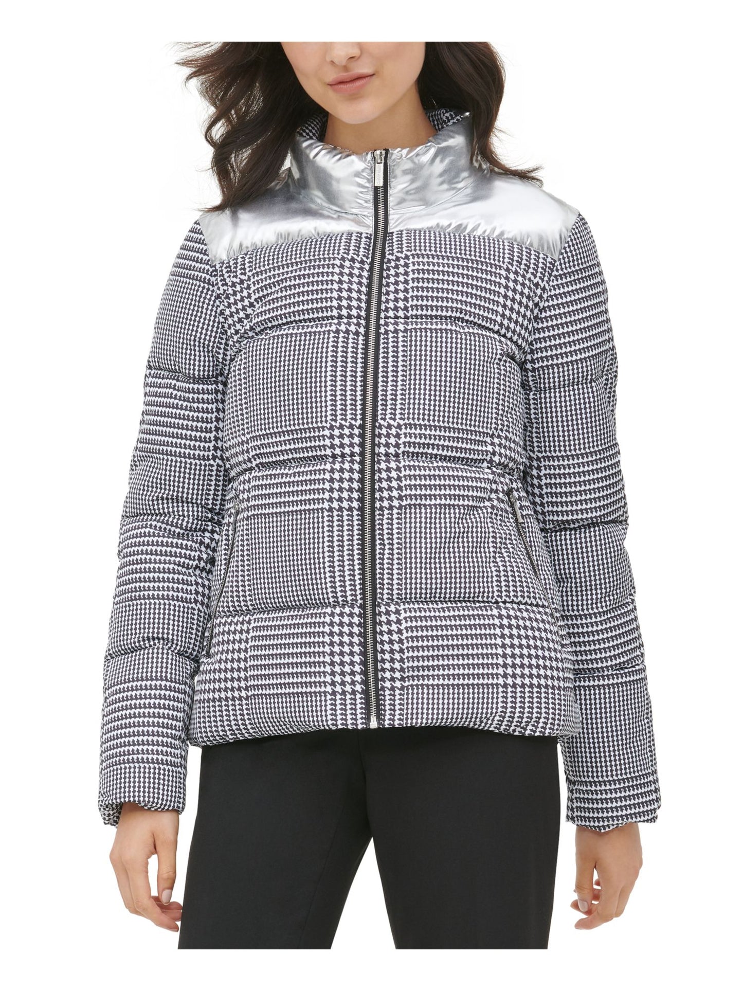 Calvin Klein Women's Houndstooth Puffer Jacket Silver Size X-Small