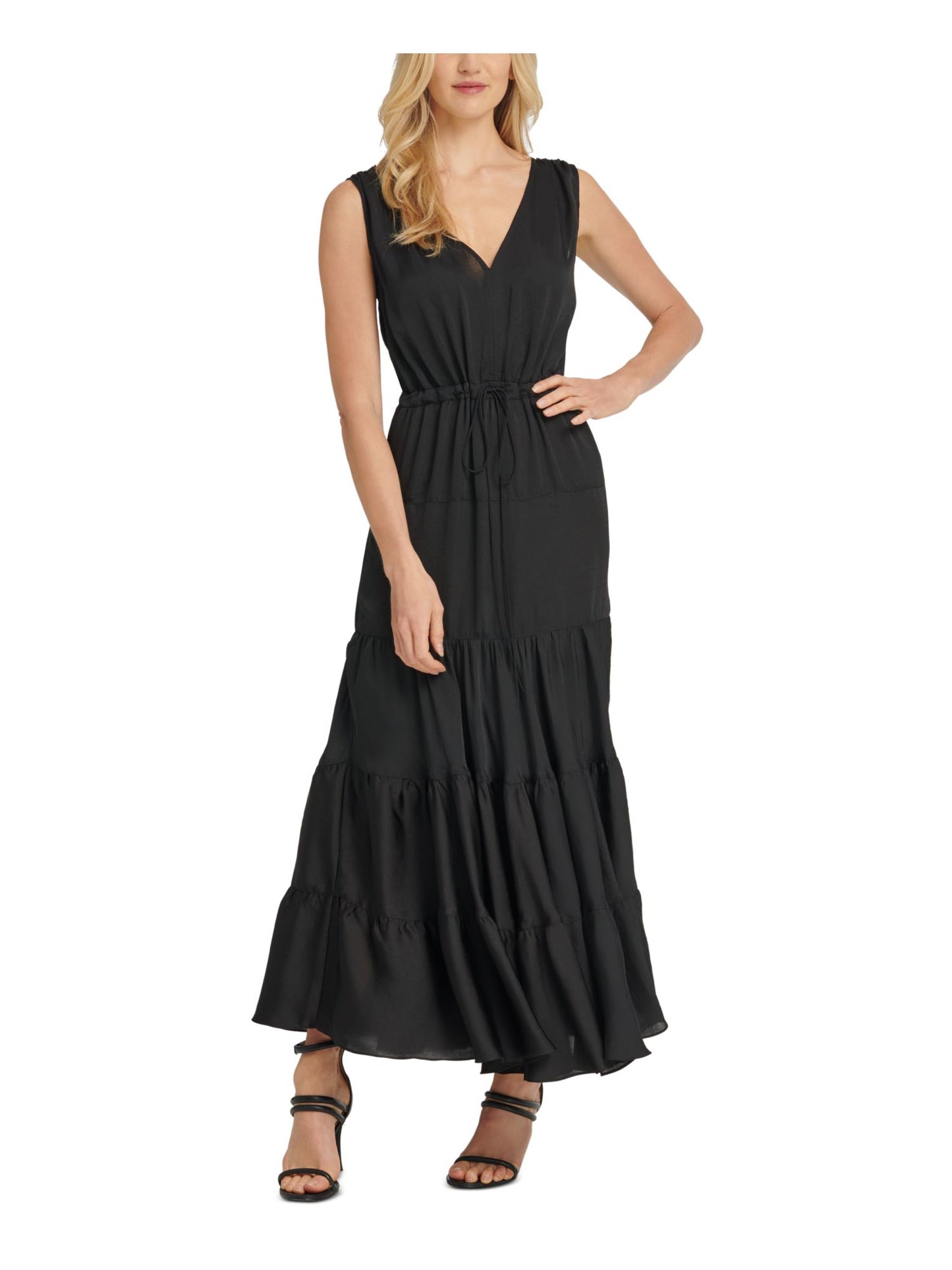 DKNY Women's Tie Waist Tiered Maxi Dress Black Size X-Large