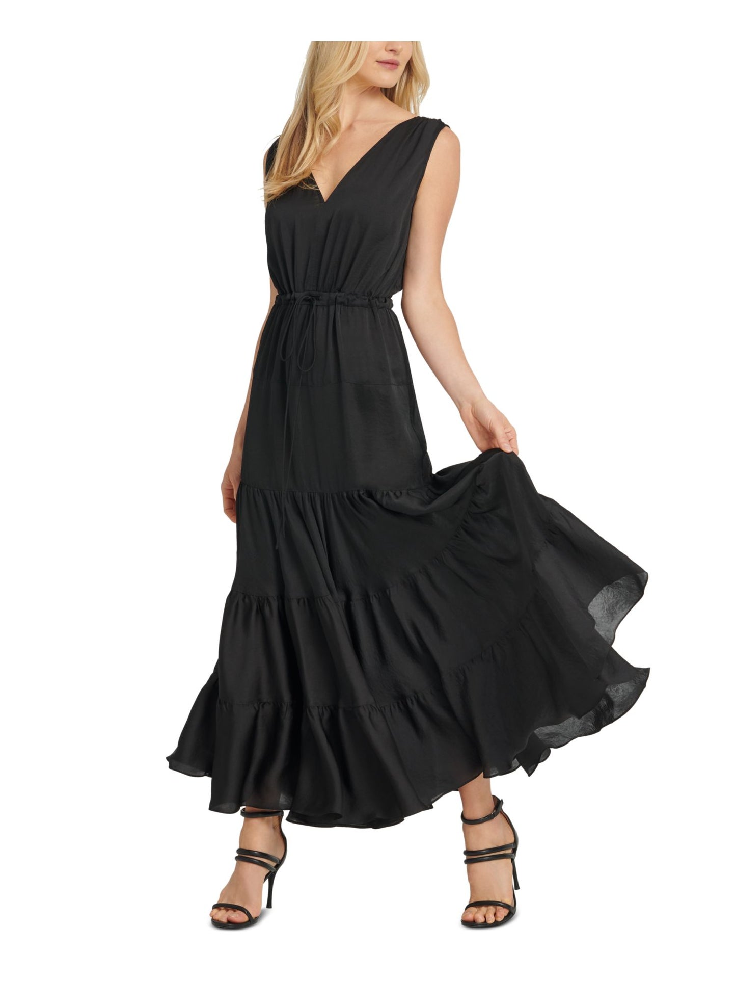 DKNY Women's Tie Waist Tiered Maxi Dress Black Size X-Large