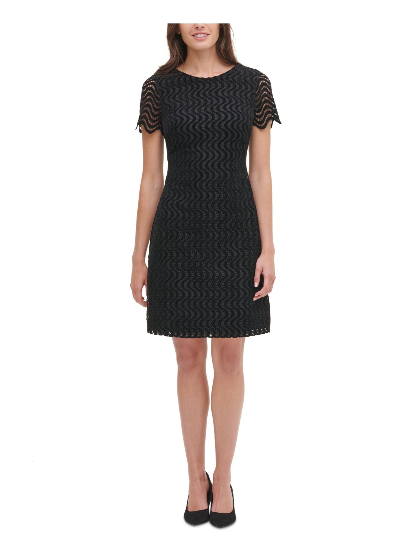 Tommy Hilfiger Women's Eyelet Zippered Short Sleeve Jewel Neck Above the Knee Sheath Dress Black Size 16