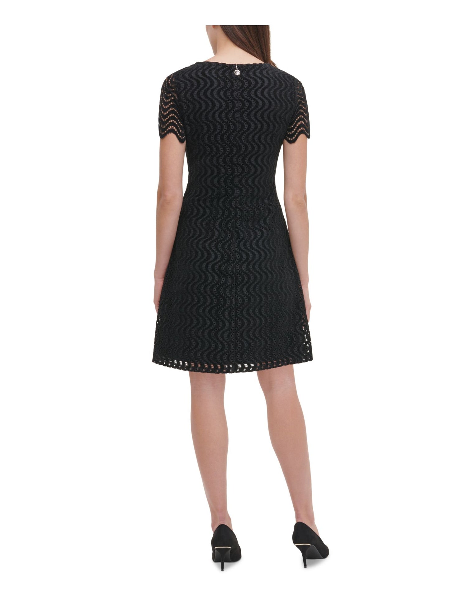 Tommy Hilfiger Women's Eyelet Zippered Short Sleeve Jewel Neck Above the Knee Sheath Dress Black Size 16