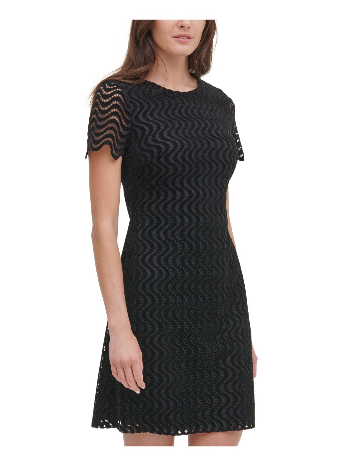 Tommy Hilfiger Women's Eyelet Zippered Short Sleeve Jewel Neck Above the Knee Sheath Dress Black Size 16
