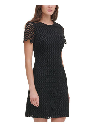 Tommy Hilfiger Women's Eyelet Zippered Short Sleeve Jewel Neck Above the Knee Sheath Dress Black Size 16