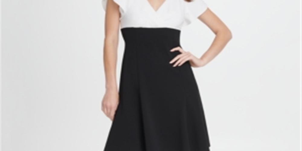 DKNY Women's Petal Sleeve Above the Knee Dress Black Size 14