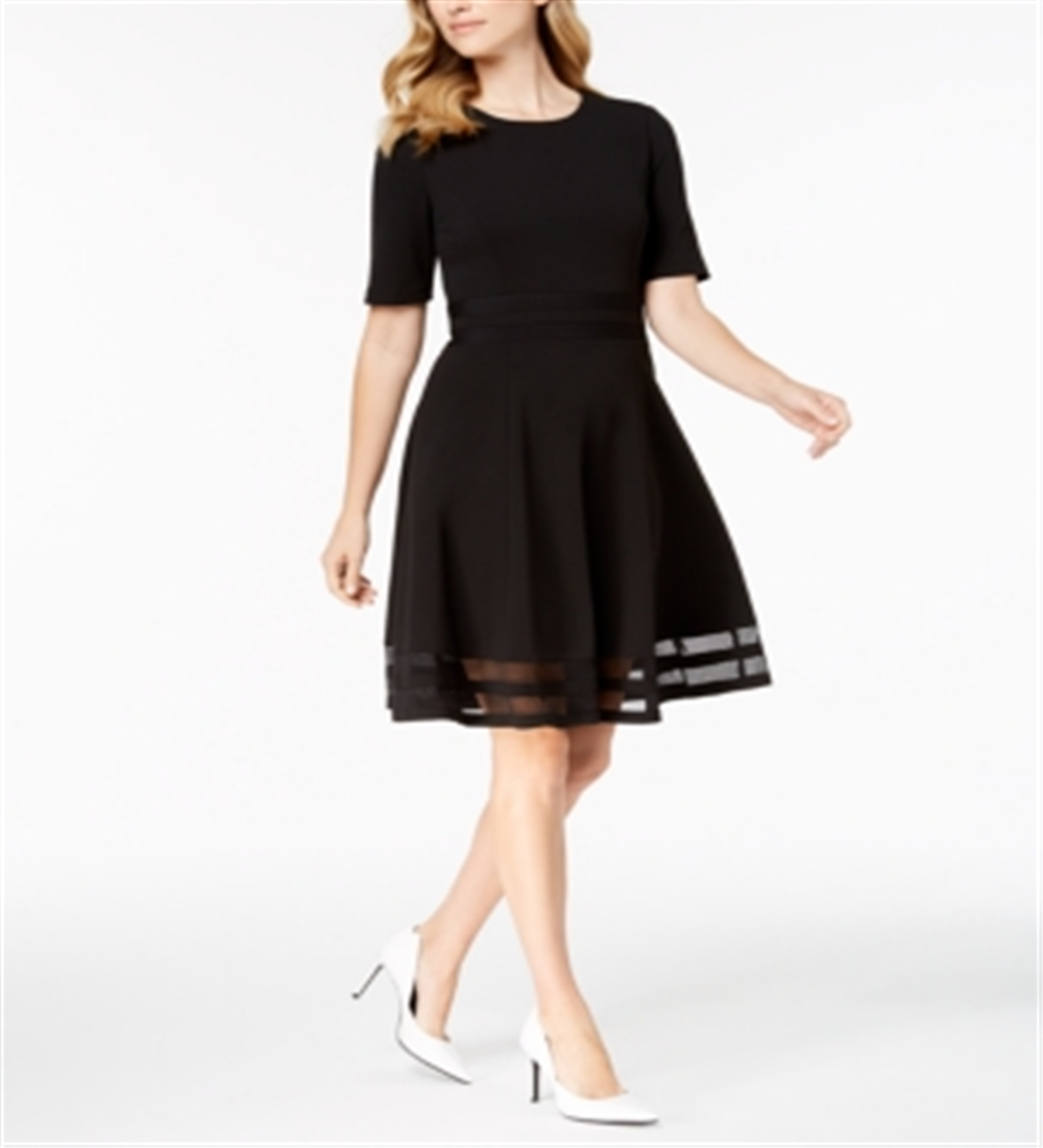 Calvin Klein Women's Elbow Sleeve Illusion-Detail Dress Black Size 6 Petite