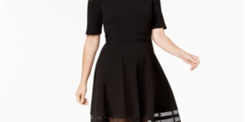 Calvin Klein Women's Elbow Sleeve Illusion-Detail Dress Black Size 6 Petite
