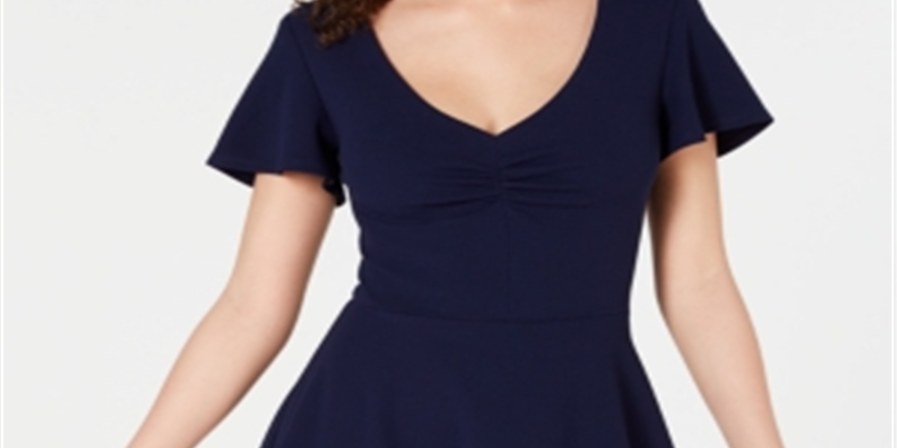 B Darlin Women's Ruched V Neck Party Back Zip Dress Navy Size 15/16