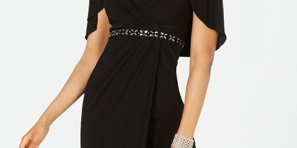 Adrianna Papell Women's Slitted Short Sleeve V Neck Full Length Evening Fit Flare Dress Black Size 4