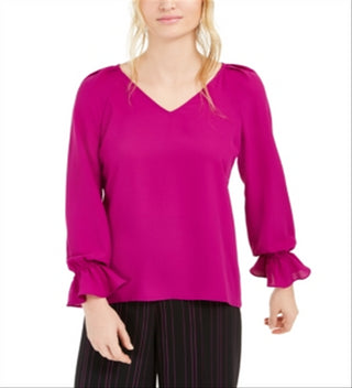Bar III Women's Pleated Bell Sleeve Top Purple Size Small