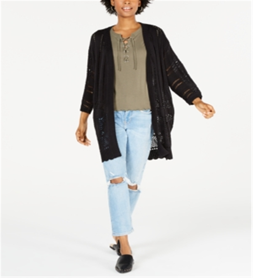 Say What? Junior's Pointelle Open Front Cardigan Black Size L