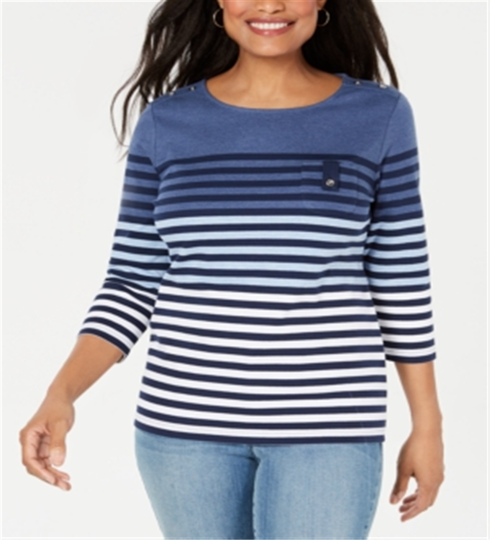 Karen Scott Women's Sport Striped 3/4 Sleeve Top Blue Size X-Small
