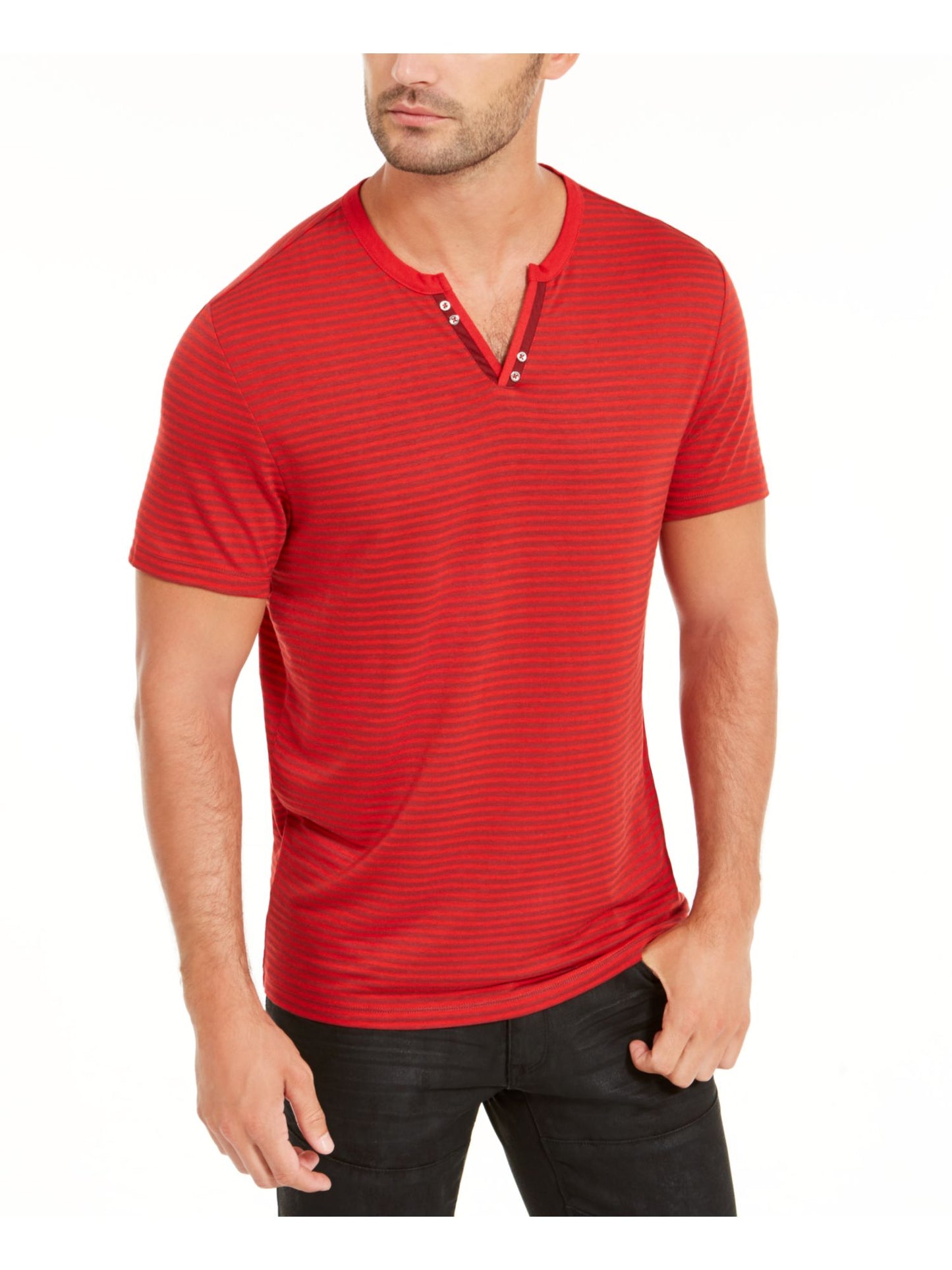 INC International Concepts Men's Striped Split Neck T-Shirt Red Size XX-Large