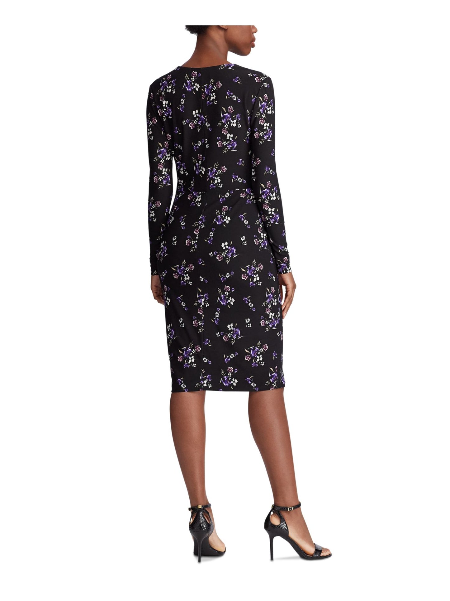 Ralph Lauren Women's Floral Long Sleeve V Neck Knee Length Wrap Dress Black Size 10