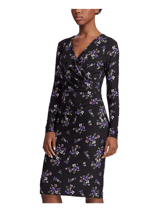 Ralph Lauren Women's Floral Long Sleeve V Neck Knee Length Wrap Dress Black Size 10