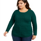 Charter Club Women's Ribbed Trim Button Sleeves Crewneck Sweater Green Size 3X