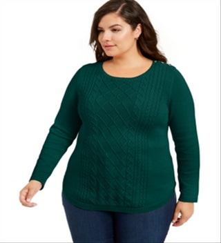Charter Club Women's Ribbed Trim Button Sleeves Crewneck Sweater Green Size 3X