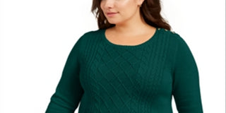Charter Club Women's Ribbed Trim Button Sleeves Crewneck Sweater Green Size 3X
