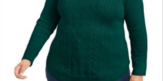 Charter Club Women's Ribbed Trim Button Sleeves Crewneck Sweater Green Size 3X