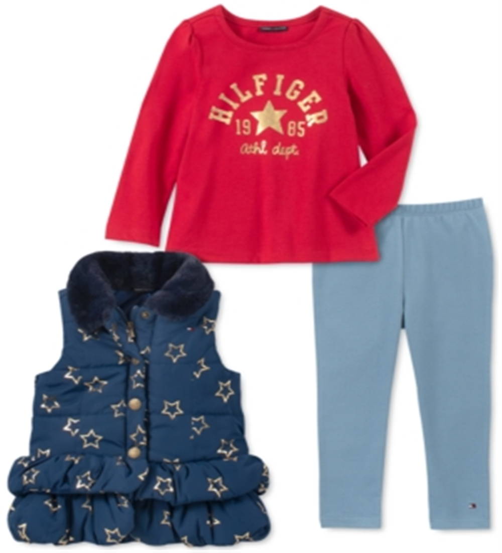 Tommy Hilfiger Little Girl's 3 Pc Ruffled Faux Fur Collar Vest Logo Top & Leggings Set Blue Size 6