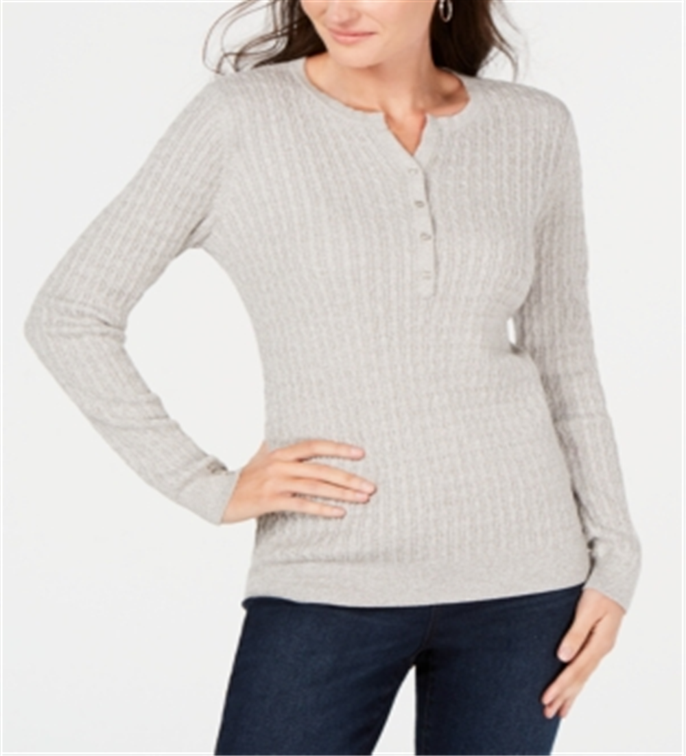 Karen Scott Women's Cotton Cable Knit Henley Sweater Gray Size -Petite S