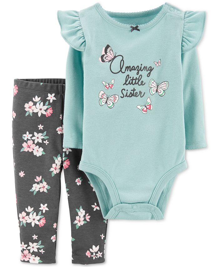 Carter's Girl's 'Little Sister' Ruffle Bodysuit & Floral Leggings Teal Size 12 Months