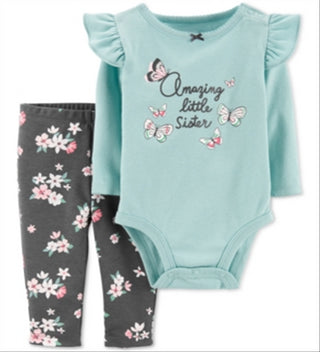 Carter's Girl's 'Little Sister' Ruffle Bodysuit & Floral Leggings Teal Size 12 Months