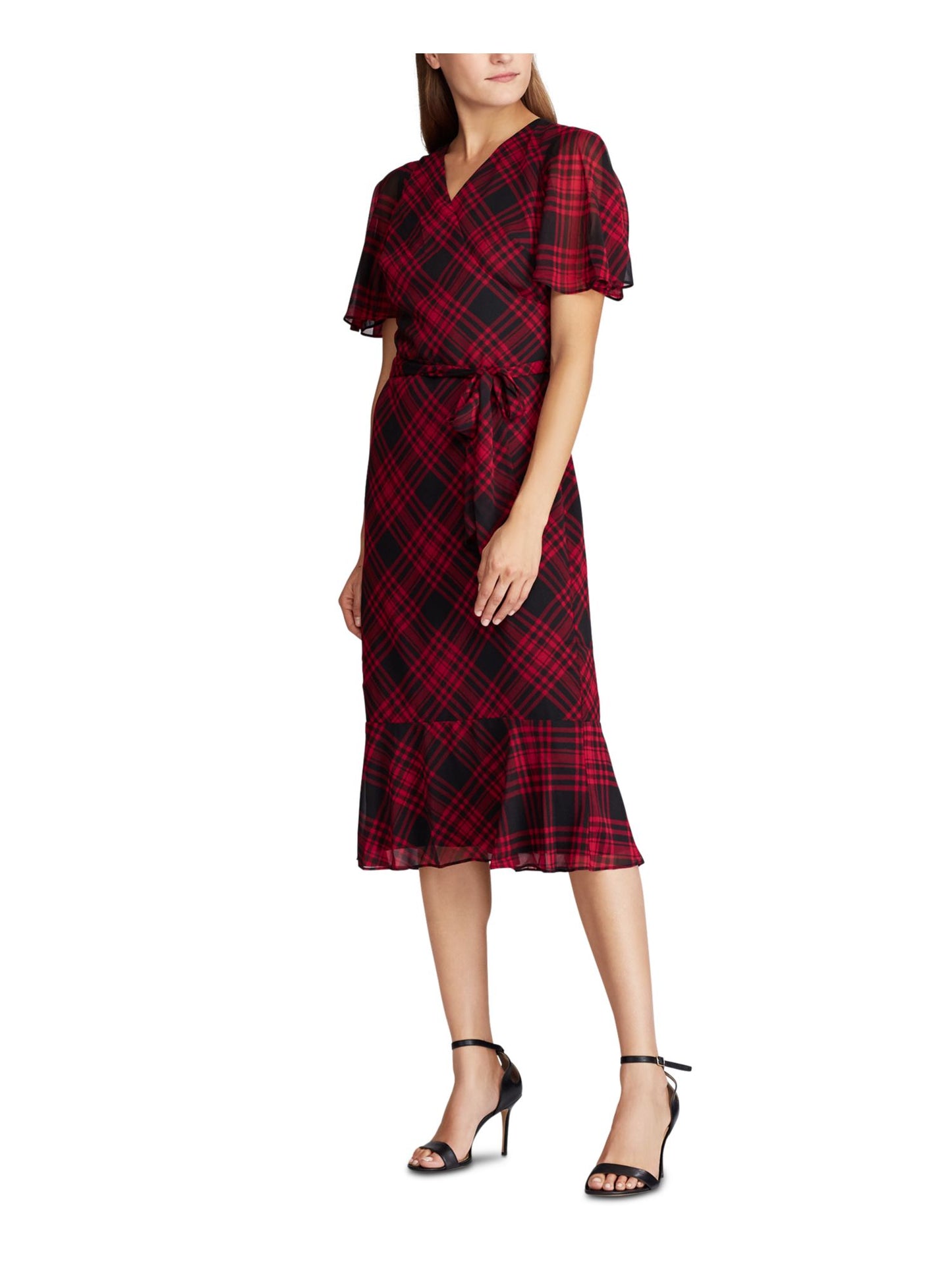Ralph Lauren Women's Short Sleeve Below the Knee Fit Flare Dress Black/Red Size 18