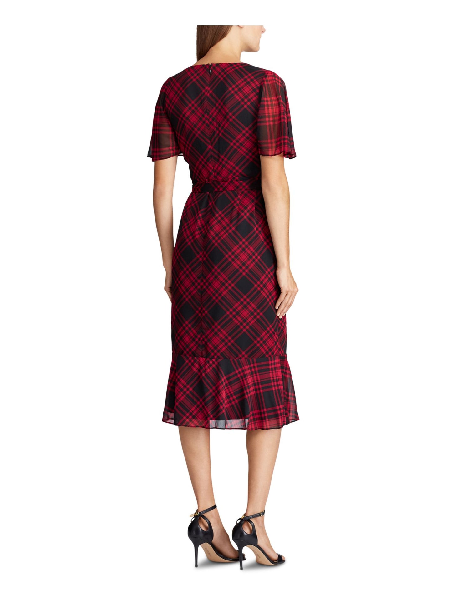 Ralph Lauren Women's Short Sleeve Below the Knee Fit Flare Dress Black/Red Size 18