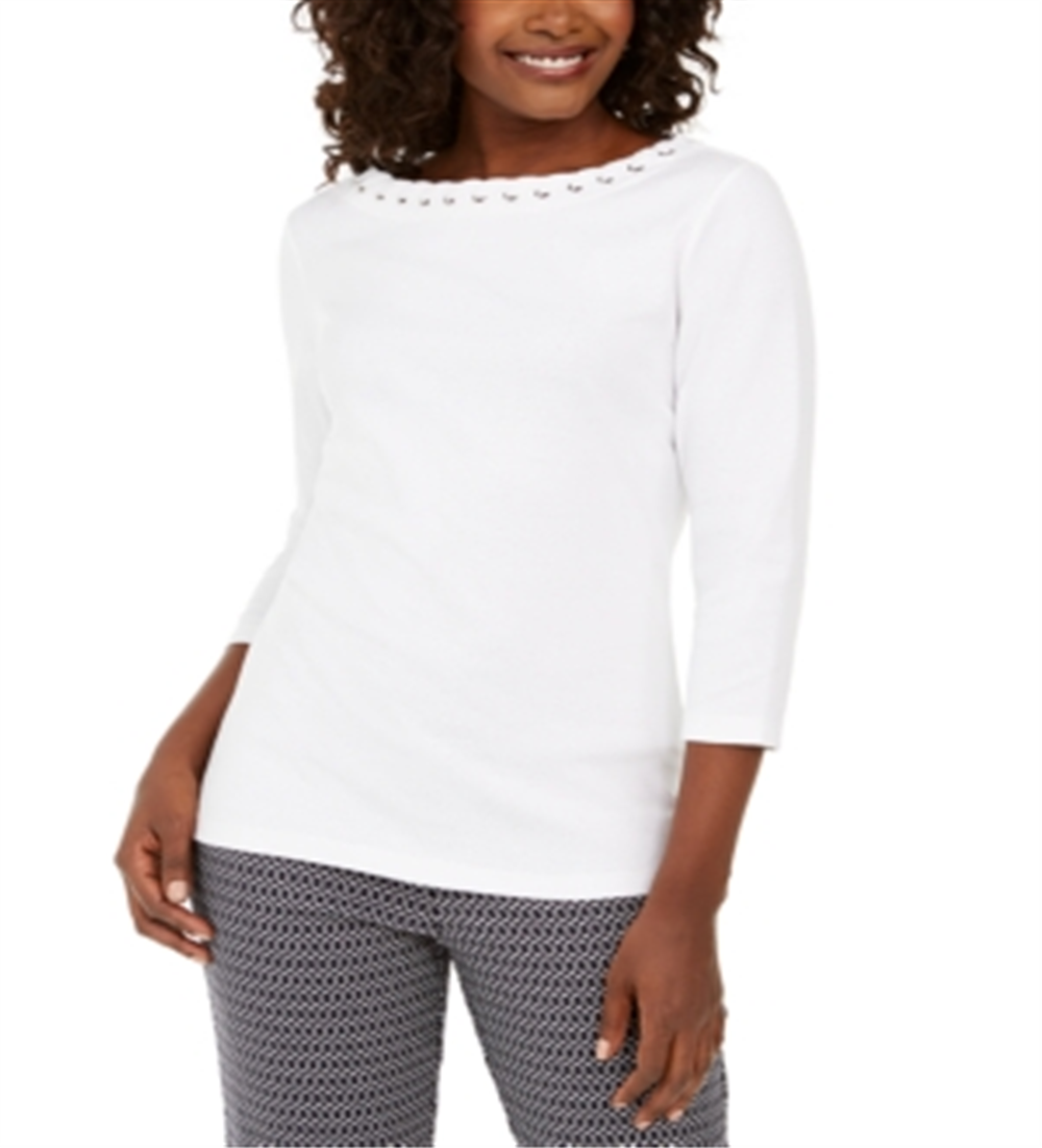 Karen Scott Women's Grommet Trim Cotton Top White Size X-Small