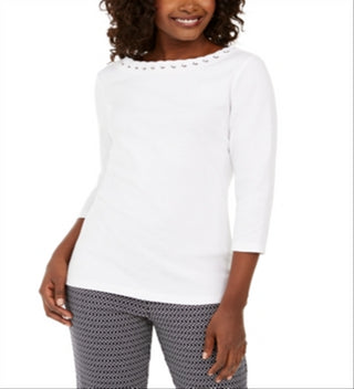 Karen Scott Women's Grommet Trim Cotton Top White Size X-Small