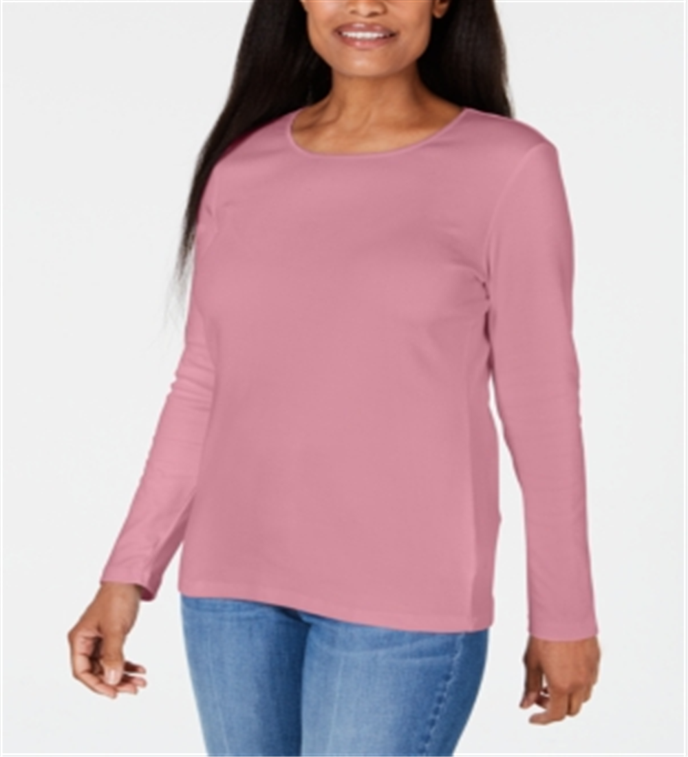 Karen Scott Women's Satin Trim Scoop Neck Top Pink Size Large