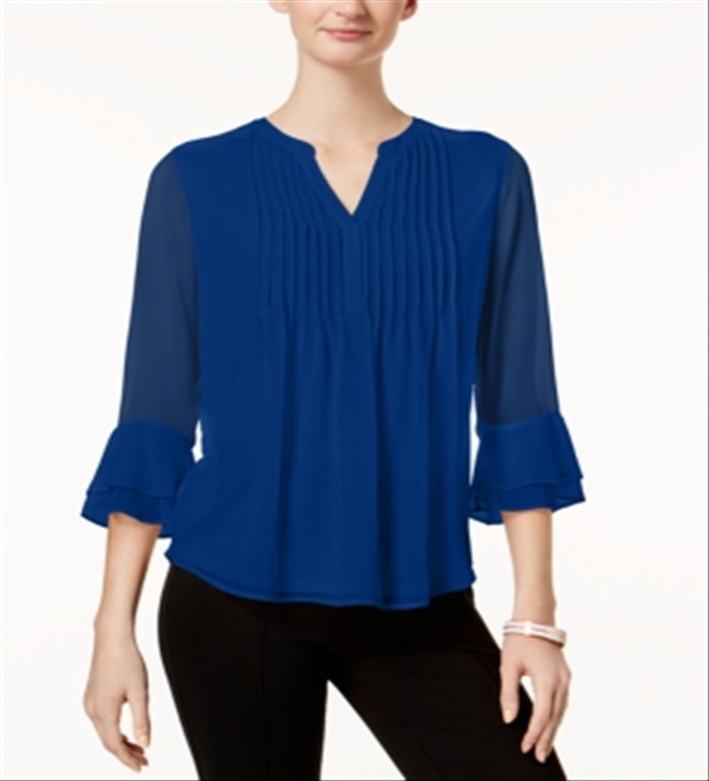 Charter Club Women's Double Ruffle Solid Pintuck Top Blue Size X-Small