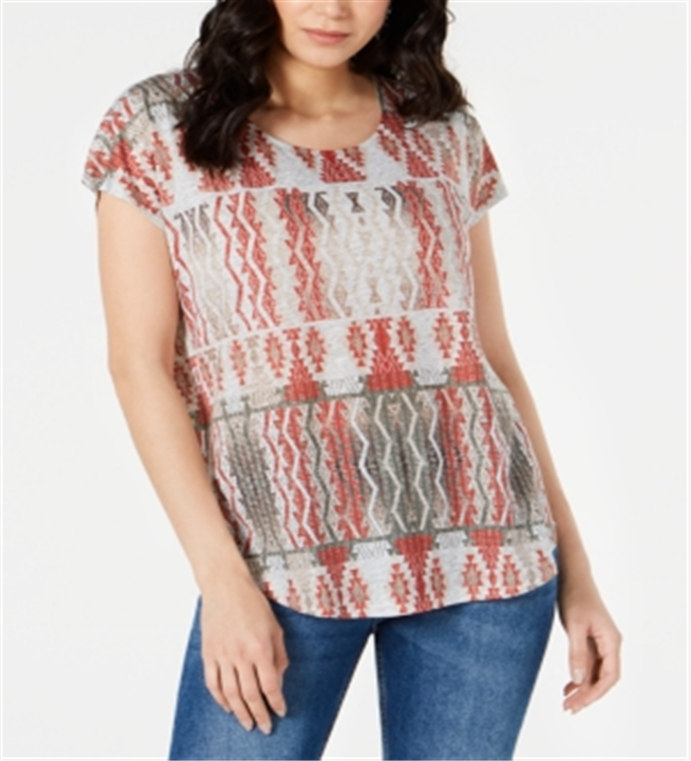 Style & Co Women's Printed Scoop Neck Top Brown Size X-Small