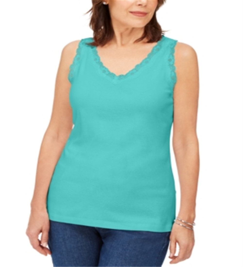 Karen Scott Women's Cotton Scalloped Lace Tank Top Green Size X-Small