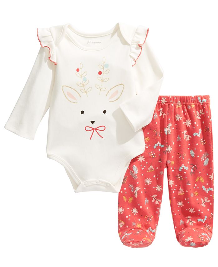 First Impressions Baby Girl's 2 Pc Cotton Reindeer Bodysuit & Footie Pants Set Pink Size 6-9MOS