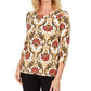 JM Collection Women's Floral 3/4 Sleeve Scoop Neck Top Brown Size Petite Small