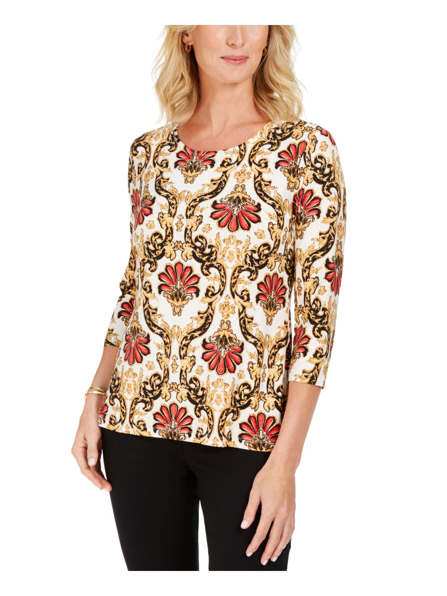 JM Collection Women's Floral 3/4 Sleeve Scoop Neck Top Brown Size Petite Small