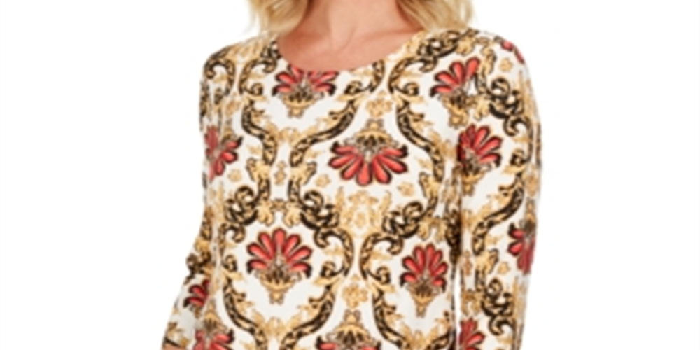 JM Collection Women's Floral 3/4 Sleeve Scoop Neck Top Brown Size Petite Small