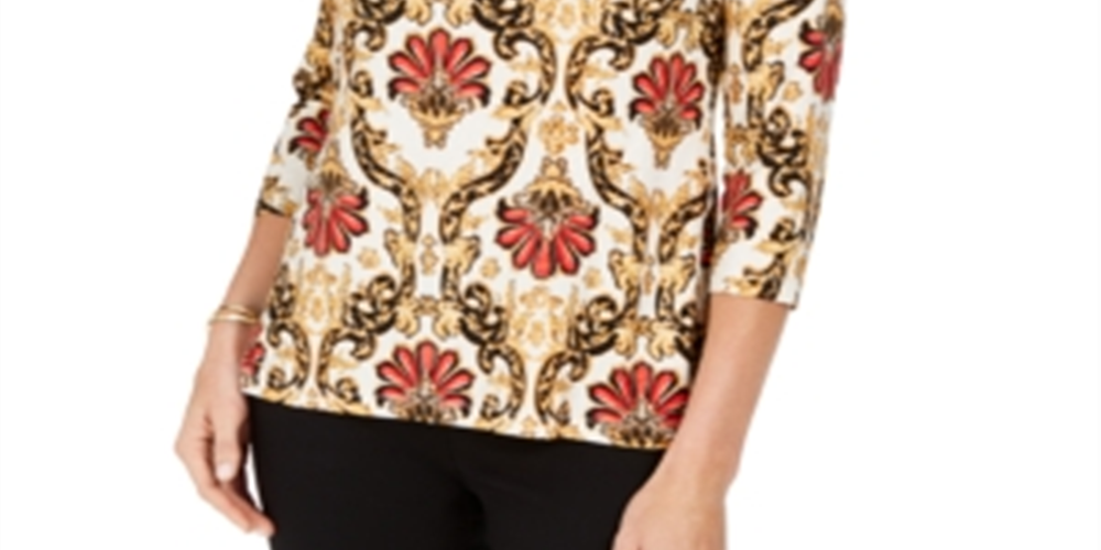 JM Collection Women's Floral 3/4 Sleeve Scoop Neck Top Brown Size Petite Small