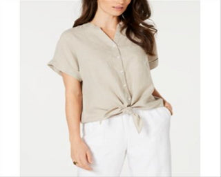Charter Club Women's Linen Tie Front Shirt Brown Size XXL