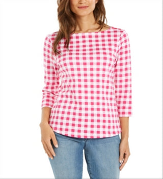 Charter Club Women's Cotton Gingham Print Boat Neck Top Black Size XS