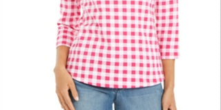 Charter Club Women's Cotton Gingham Print Boat Neck Top Black Size XS