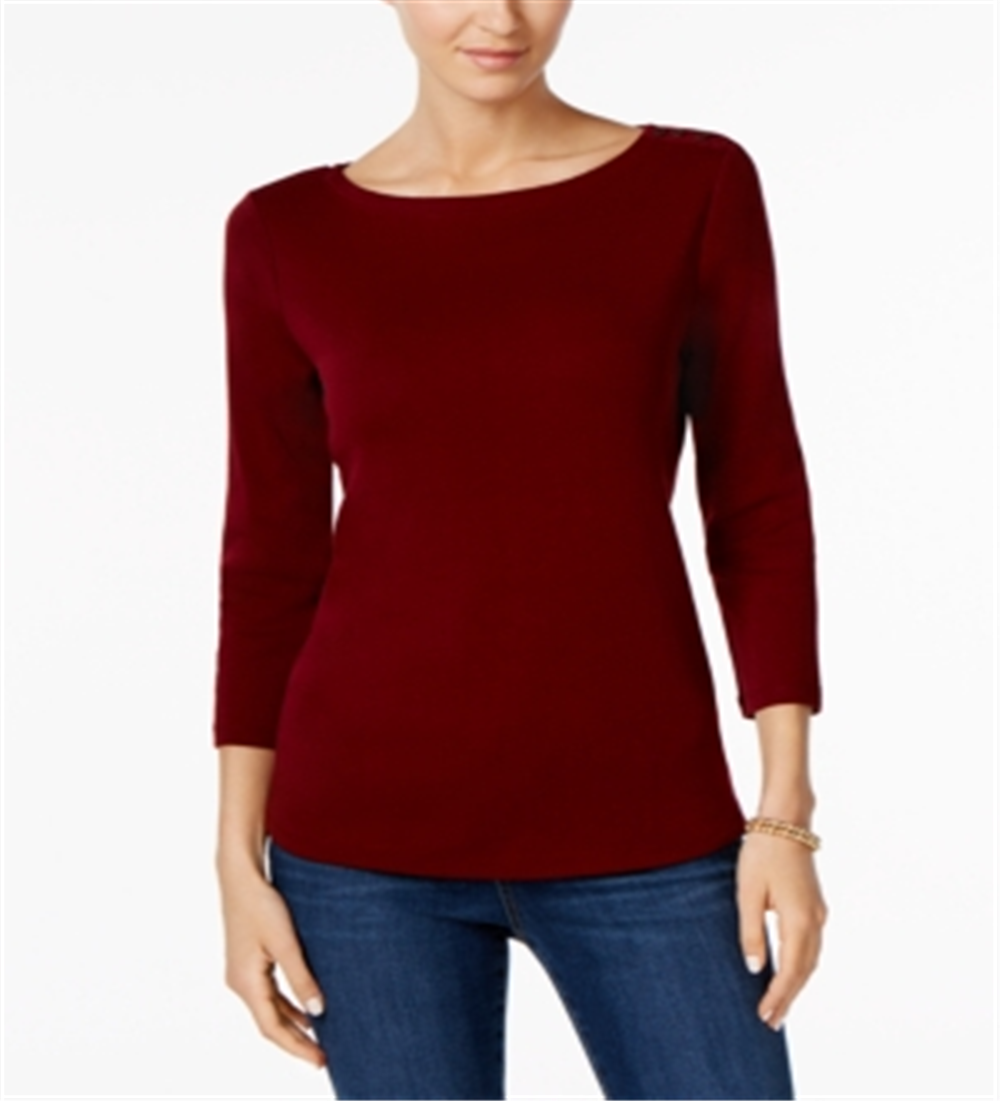 Charter Club Women's Pima Cotton Boat Neck Button Shoulder Top Red Size -XL